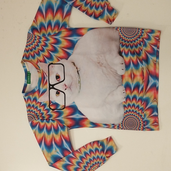 Fun Cat Top Photographic Tee Psychedelic Long Sleeve Athletic T Shirt by Iswag - Picture 6 of 10